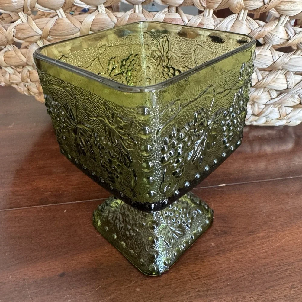 Vintage Indiana Glass Green Square Candy Dish Footed Pedestal Grape Vine
